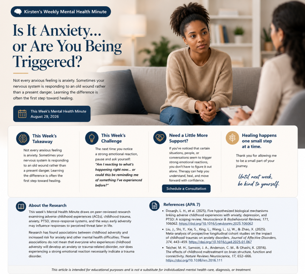 Mental Health Minute graphic about anxiety and emotional triggers in a therapy setting