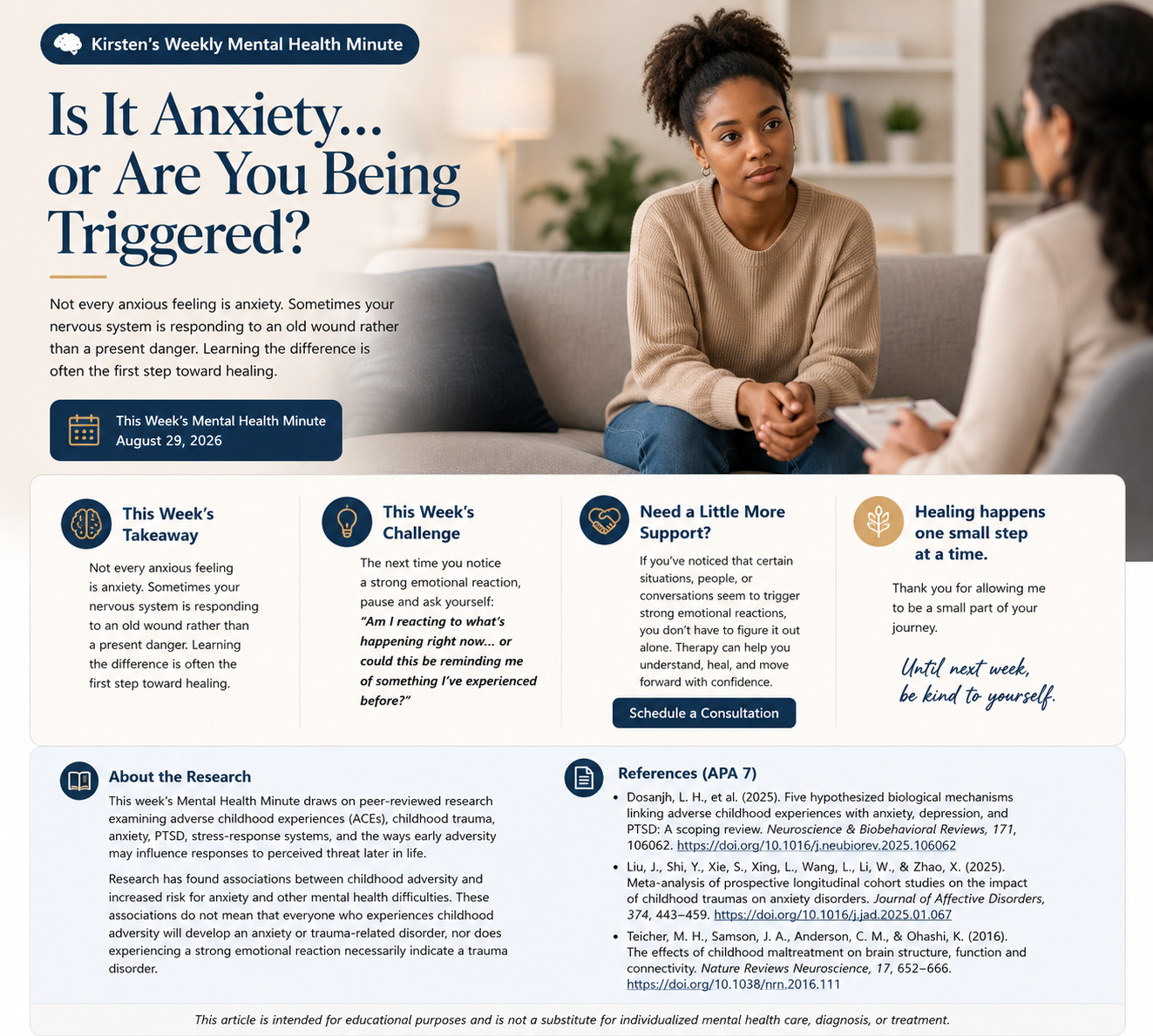 Mental Health Minute graphic about anxiety and emotional triggers in a therapy setting