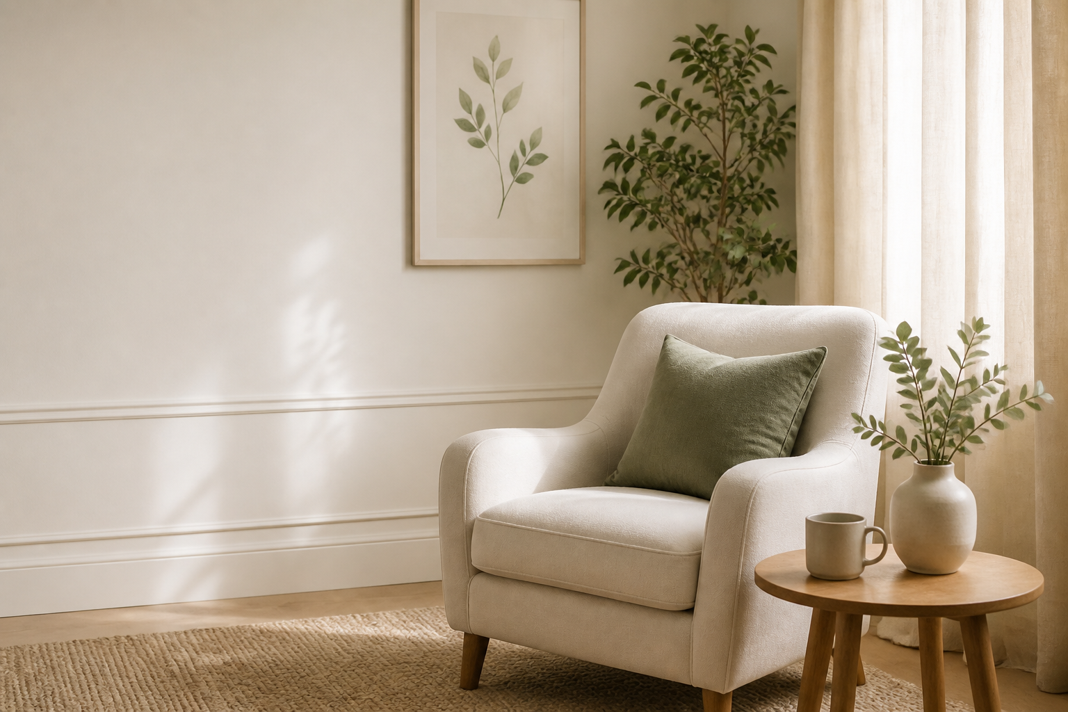 Warm therapy office with cream chair, sage pillow, wooden table, and plants