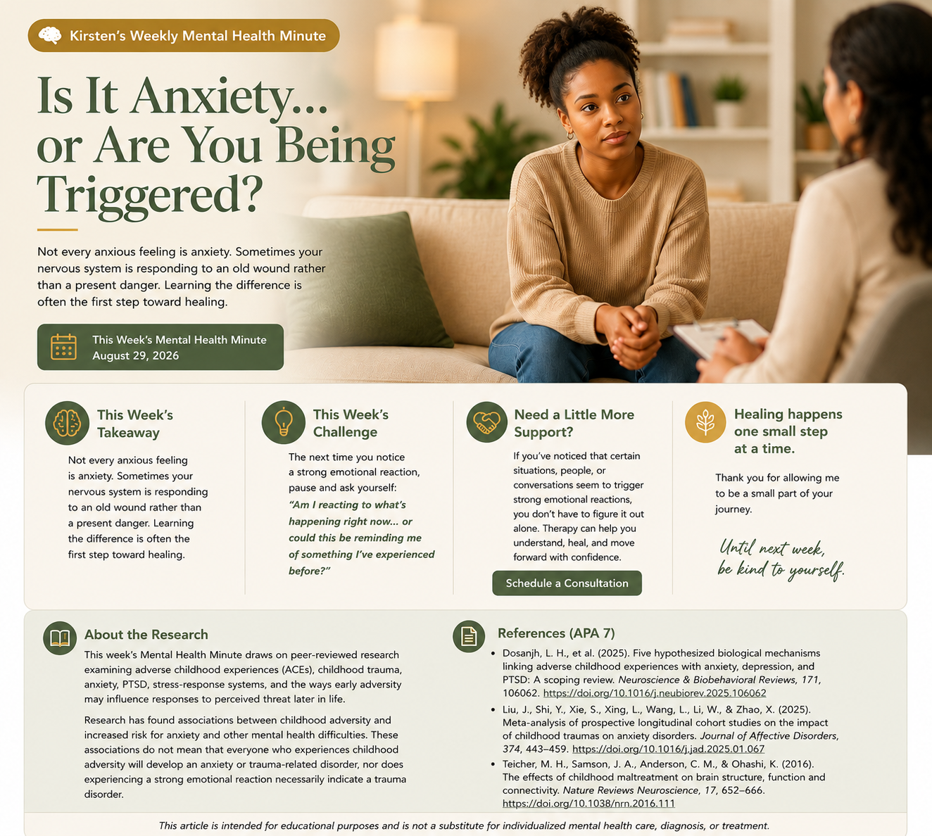 Mental Health Minute graphic about anxiety and emotional triggers in a therapy setting