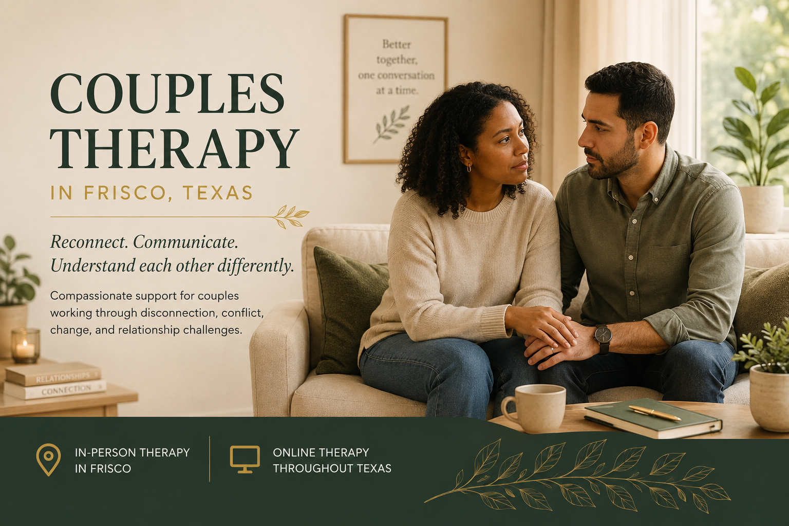 Couple having a thoughtful conversation in a counseling room