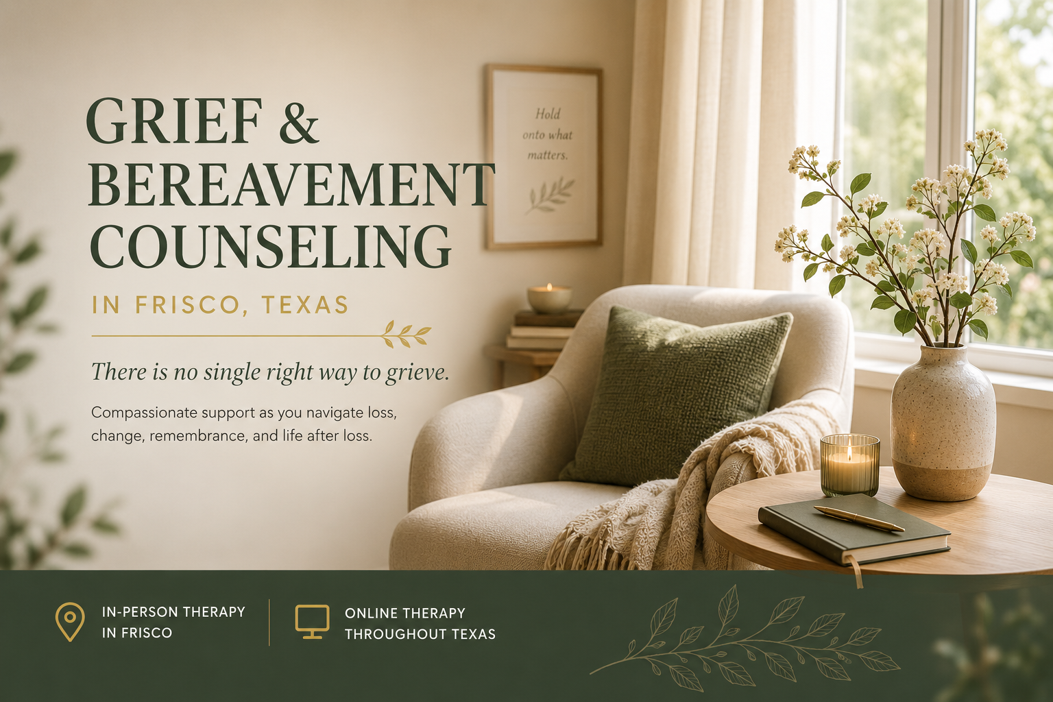 Peaceful sunlit counseling room with chair and flowers